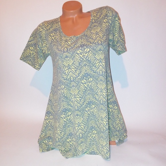 LuLaRoe Womens Blouse XS Yellow Gray Abstract Print Short Sleeve Swing Top - Picture 1 of 5